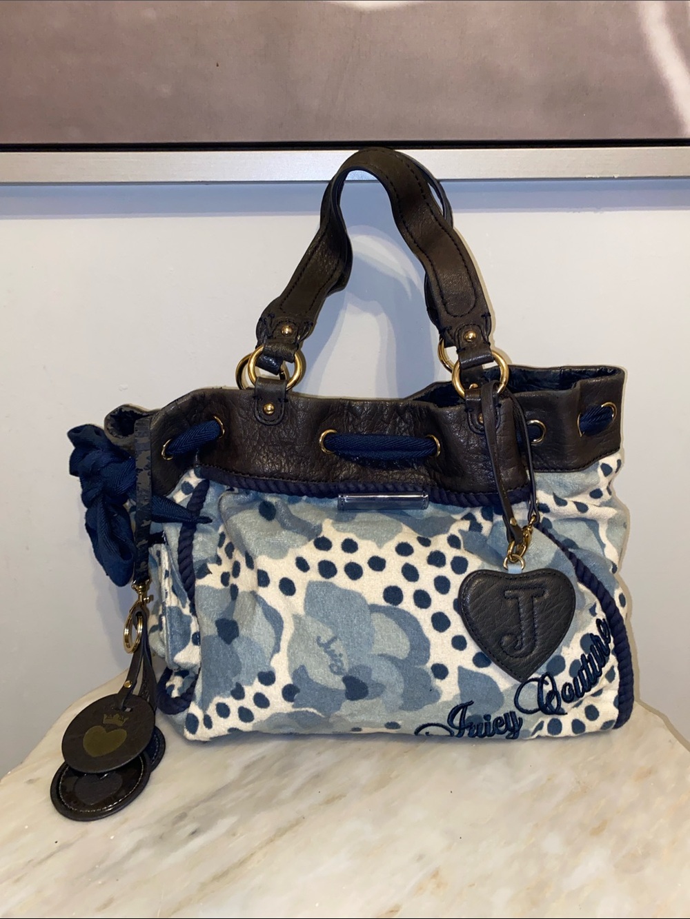 Vintage Y2K Juicy Couture Polka Dot  Daydreamer Velour & leather Shoulder Bag